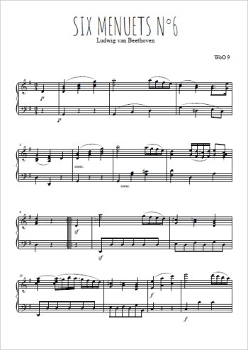 Téléchargez l'arrangement pour piano de la partition de Six menuets WoO 9, N°6 en PDF